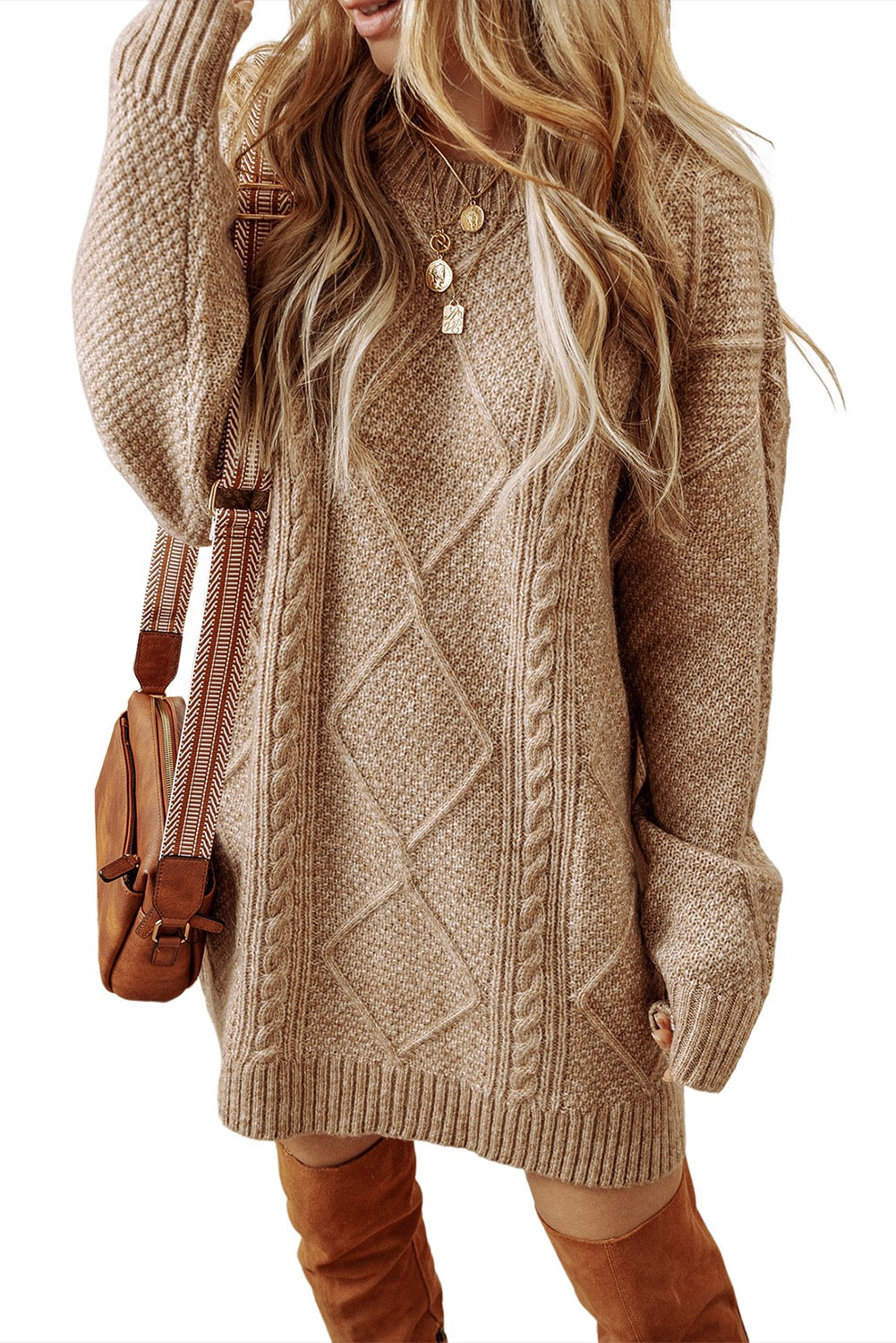 Parchment cable knit drop shoulder sweater dress