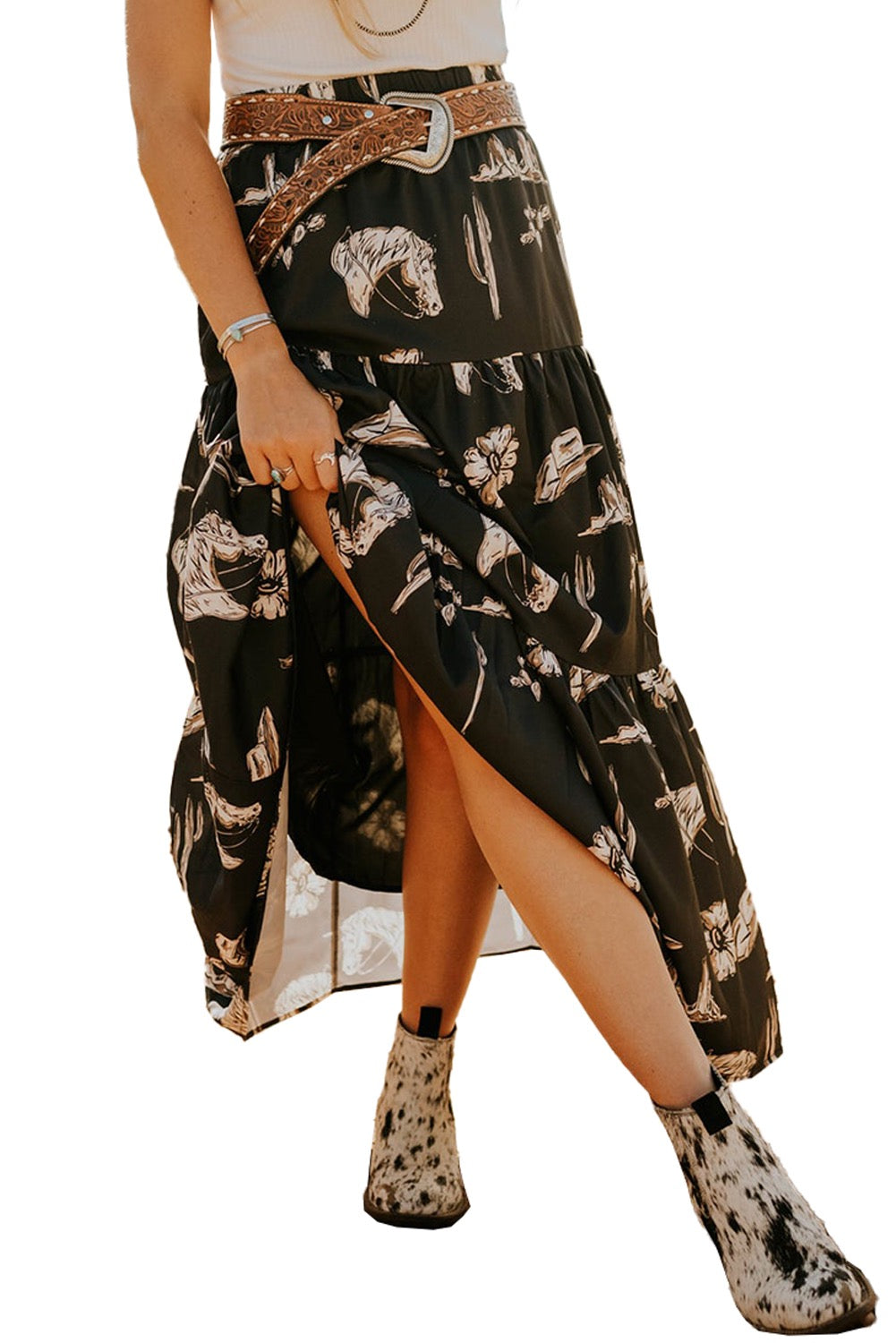 Black Western Print Tiered Ruffled High Waist Maxi Skirt