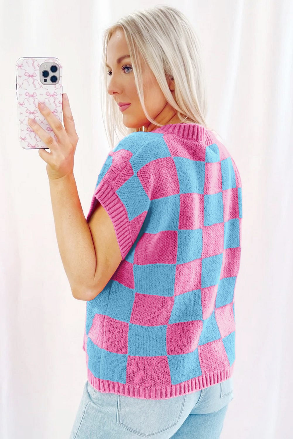 Satchet pink colorblock plaid pattern short sleeve sweater