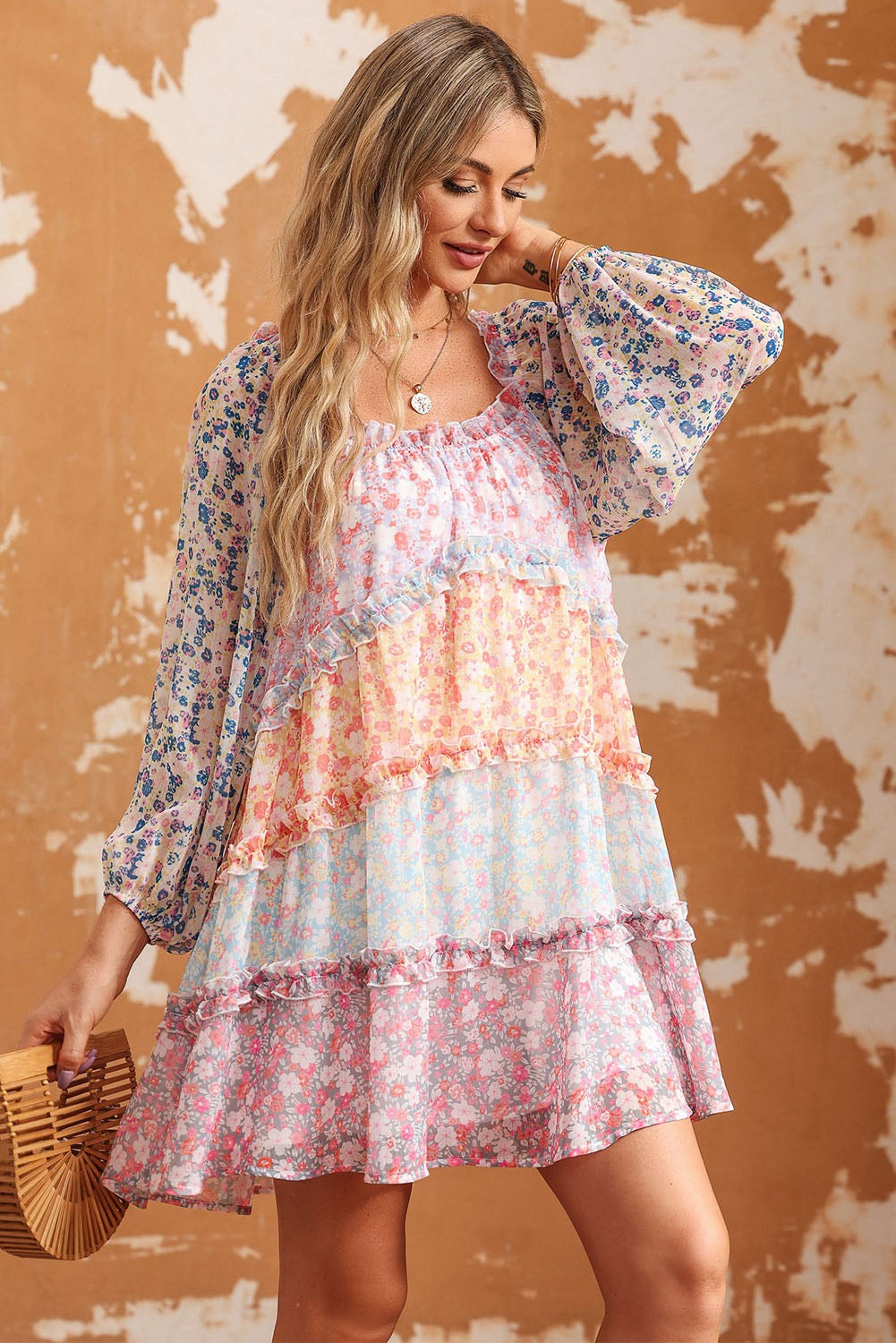 Sky Blue Floral color block Tiered Puff Sleeve Dress