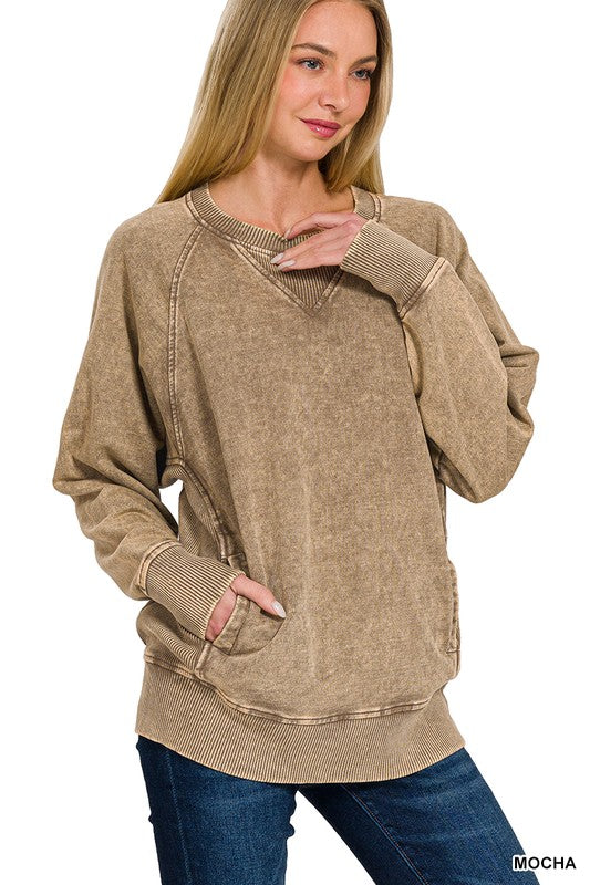 Mocha Acid washed French terry pullover with pockets