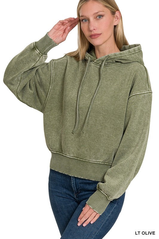 Lt olive acid wash fleece hoodie