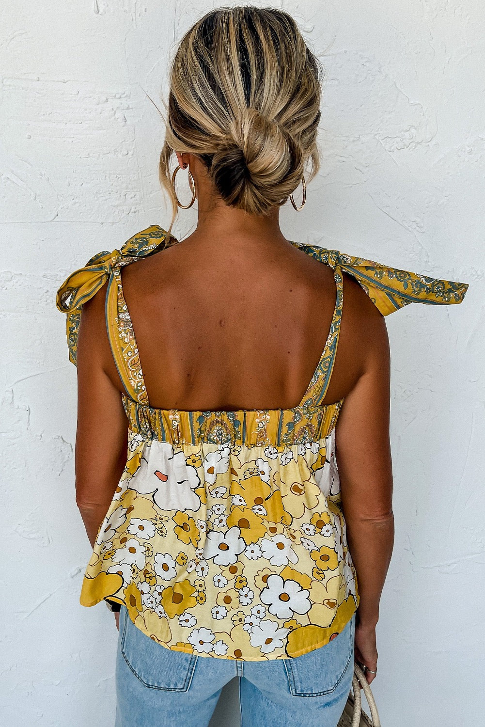 Yellow Floral Patchwork Tied Straps buttoned Tank Top