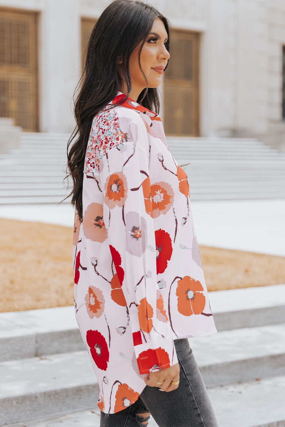 Fiery Red Floral Patchwork Buttoned Shirt with Pocket