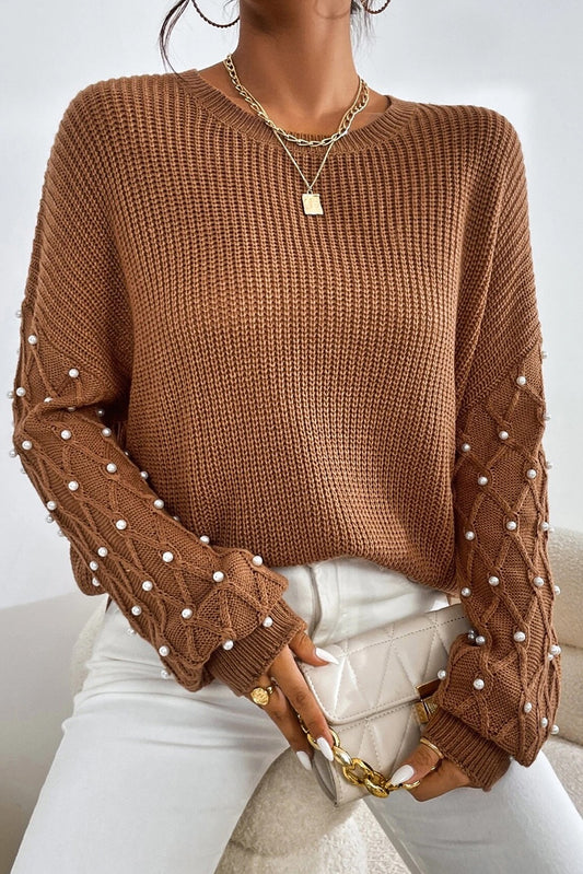 Chestnut Beaded Drop Shoulder round neck sweater