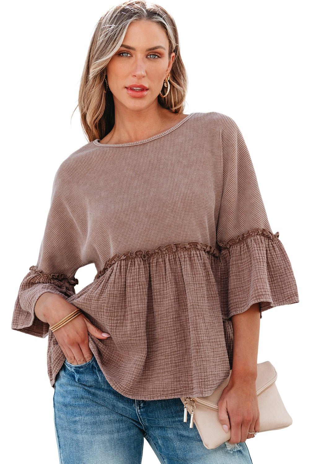 Khaki waffled 3/4 Ruffled Sleeve Textured Peplum Top