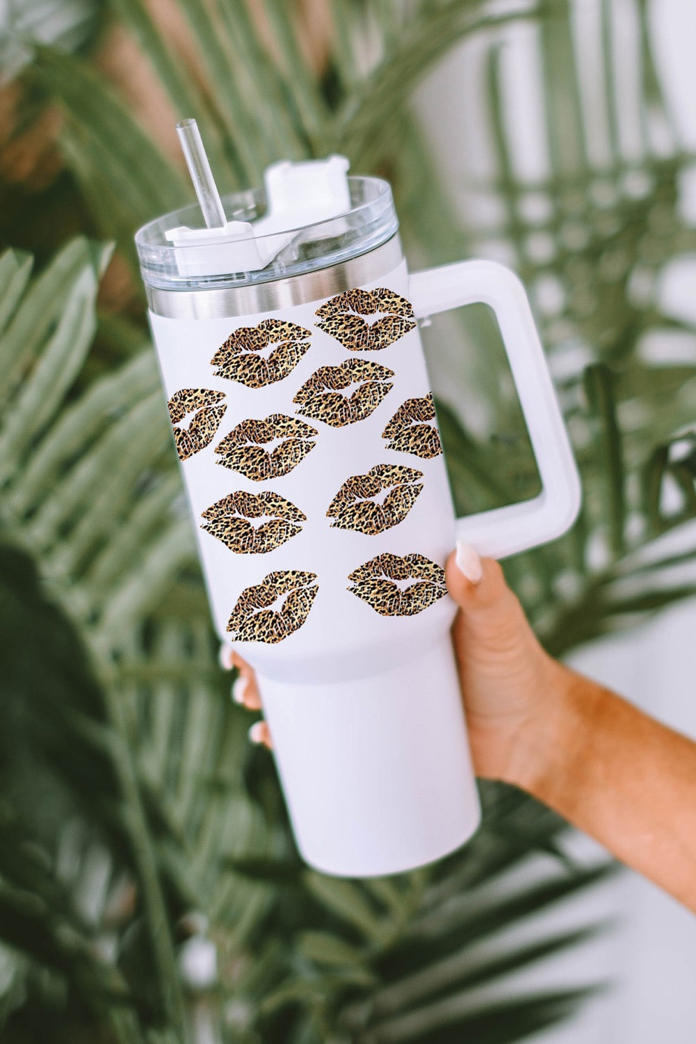 White Leopard Lips Print Thermos cup with straw 1200ml