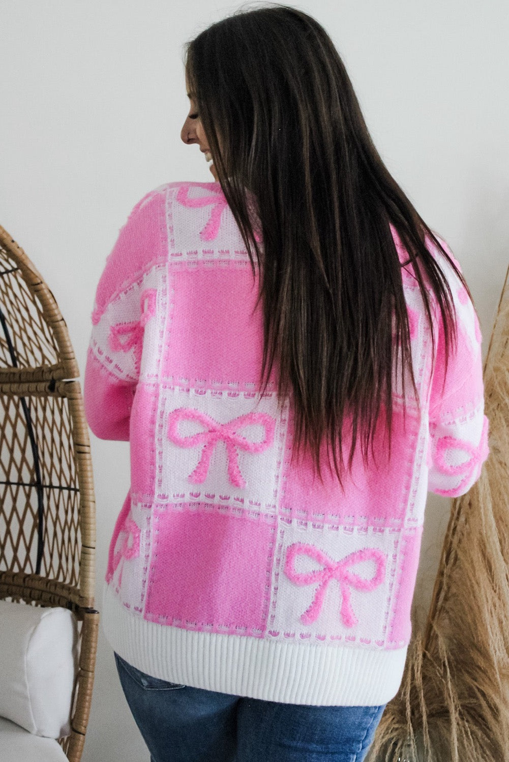 Pink bow knot Two tone checkered sweater