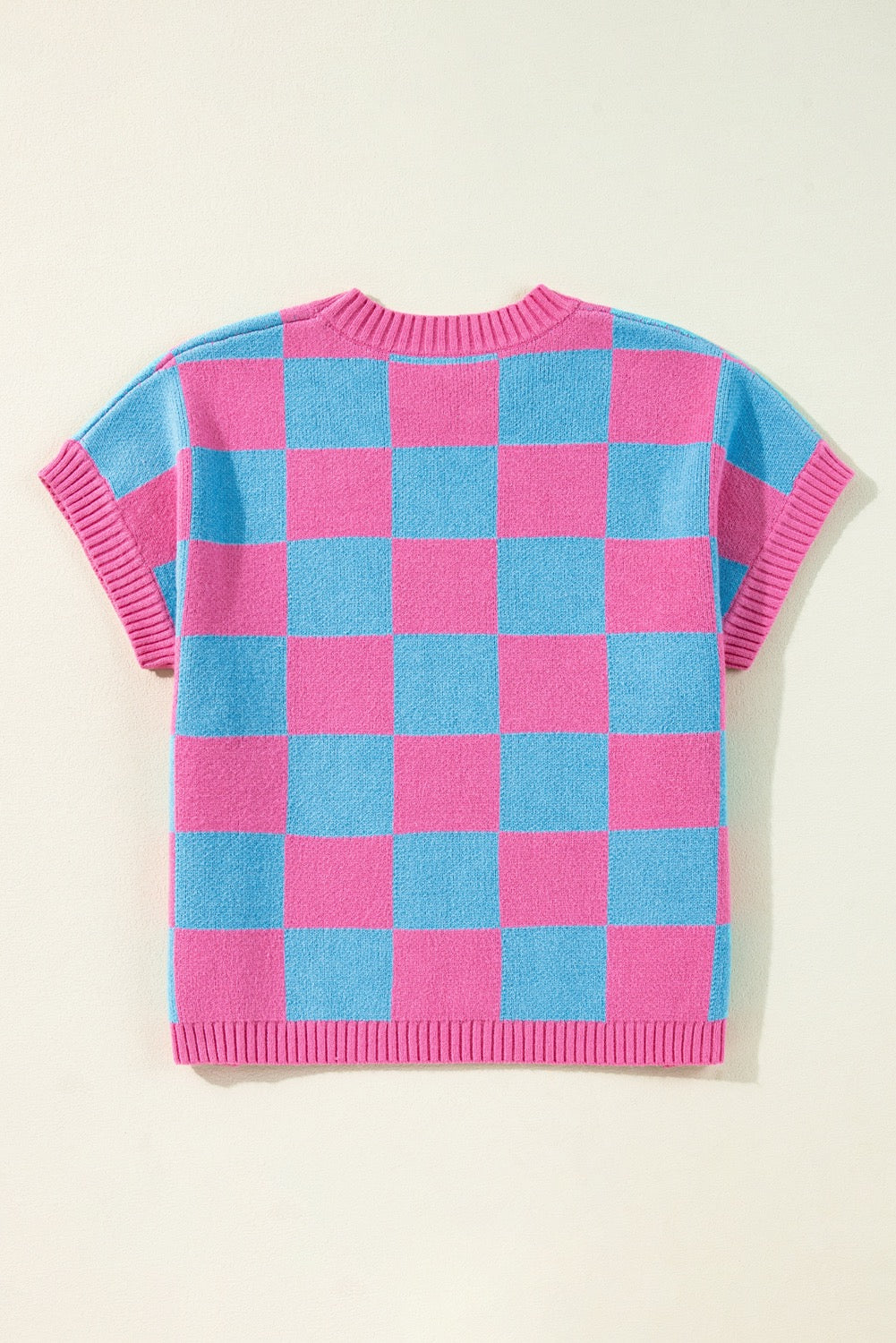 Satchet pink colorblock plaid pattern short sleeve sweater