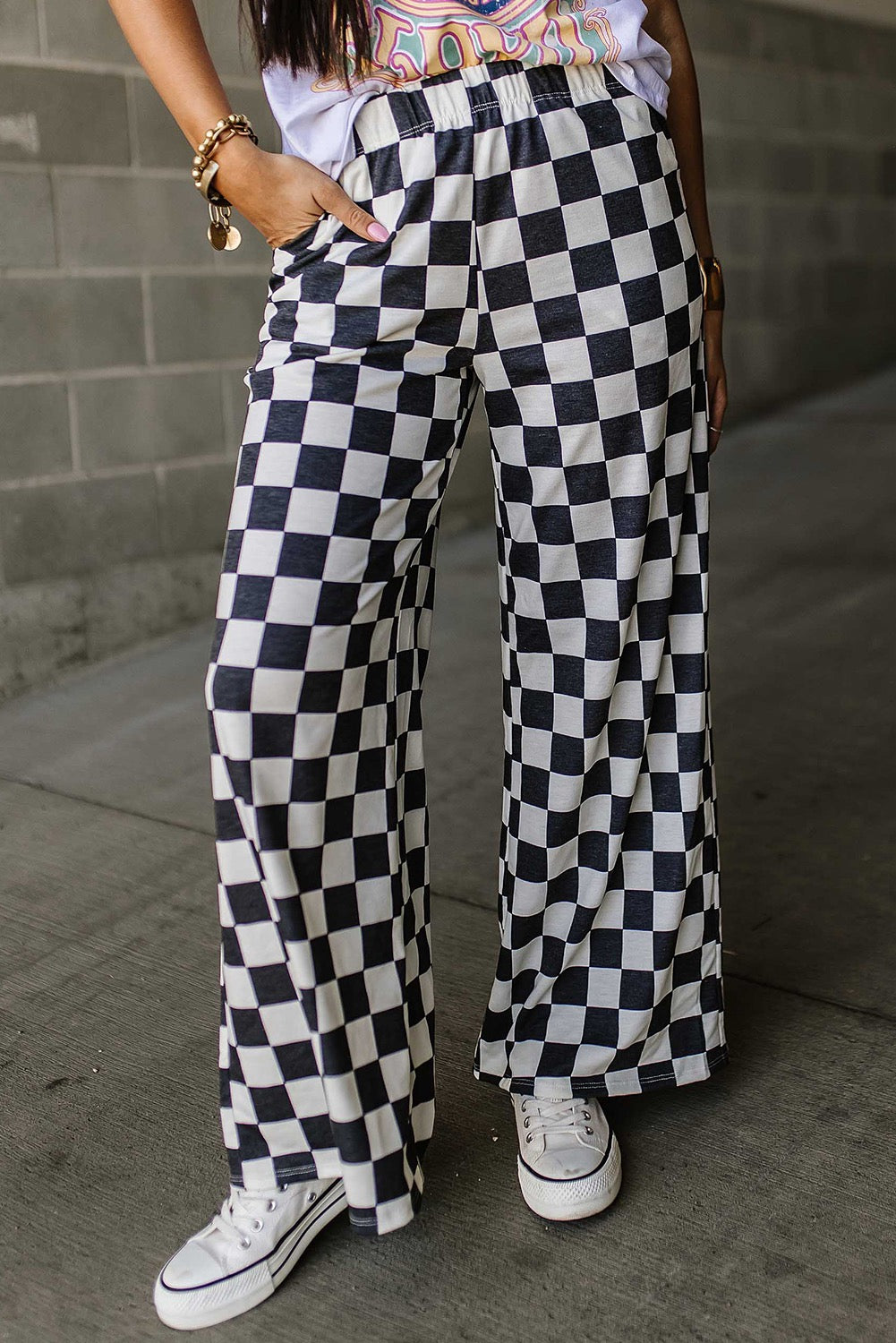 Black 2 tone checked print high waist wide leg pants