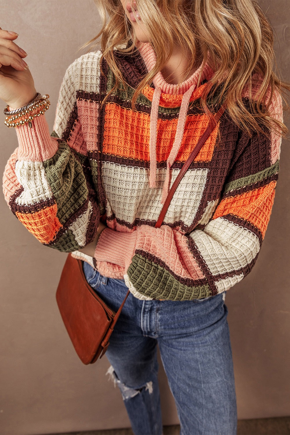 Orange Color block waffle knit drawstring Mock Neck Sweater