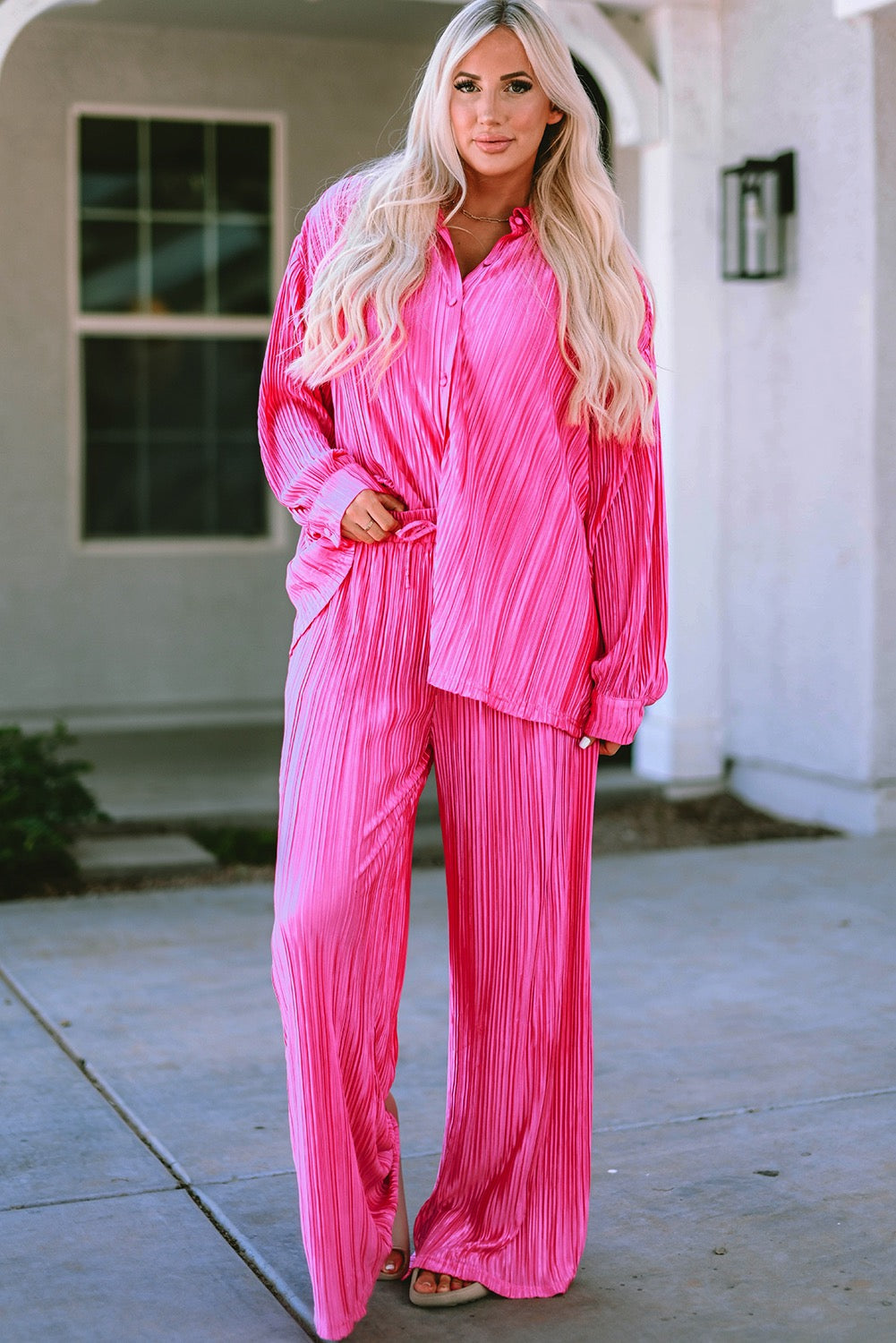 Rose pleated long sleeve shirt and wide leg pants set