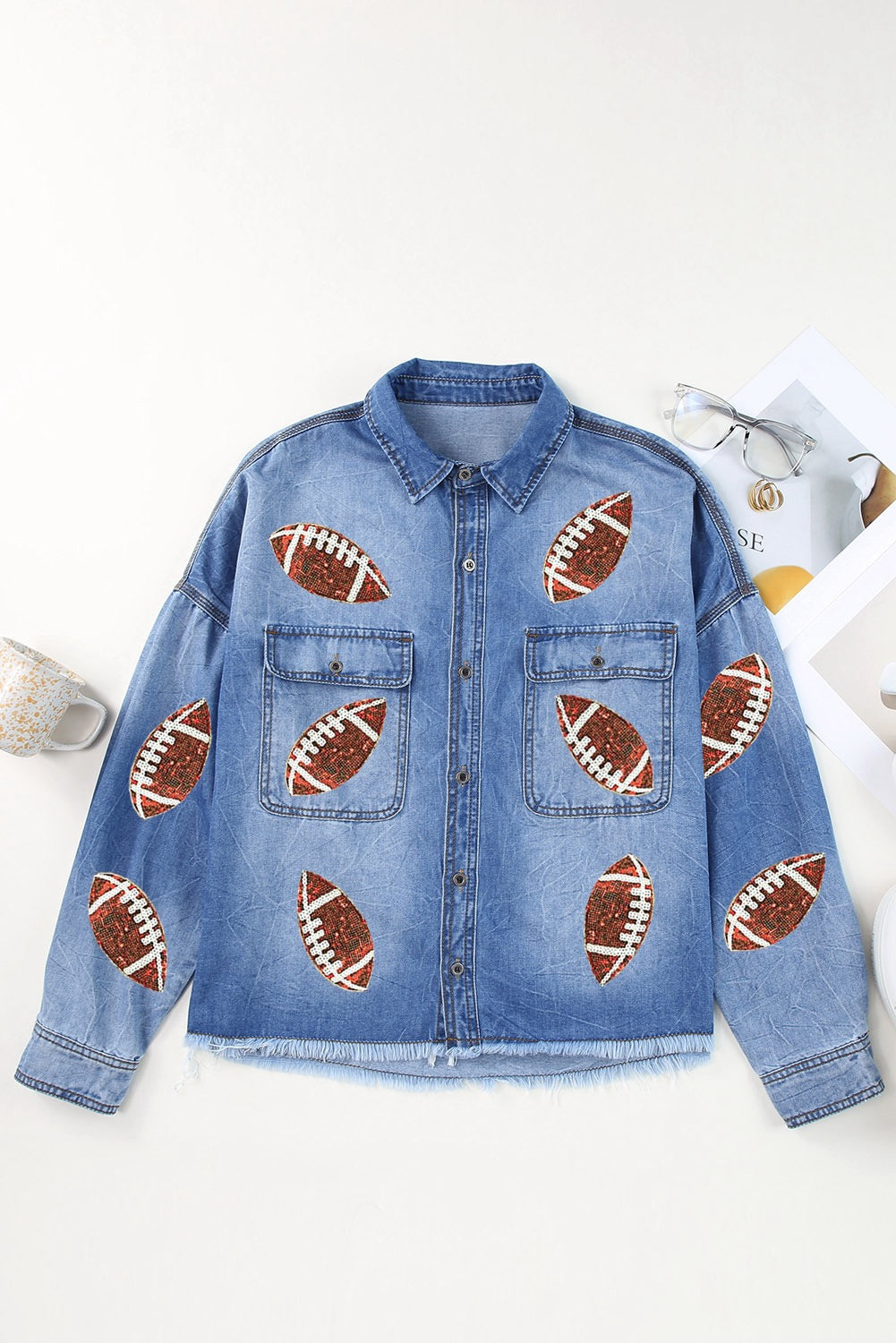 Sky Blue Sequin football GRaphic flap pockets