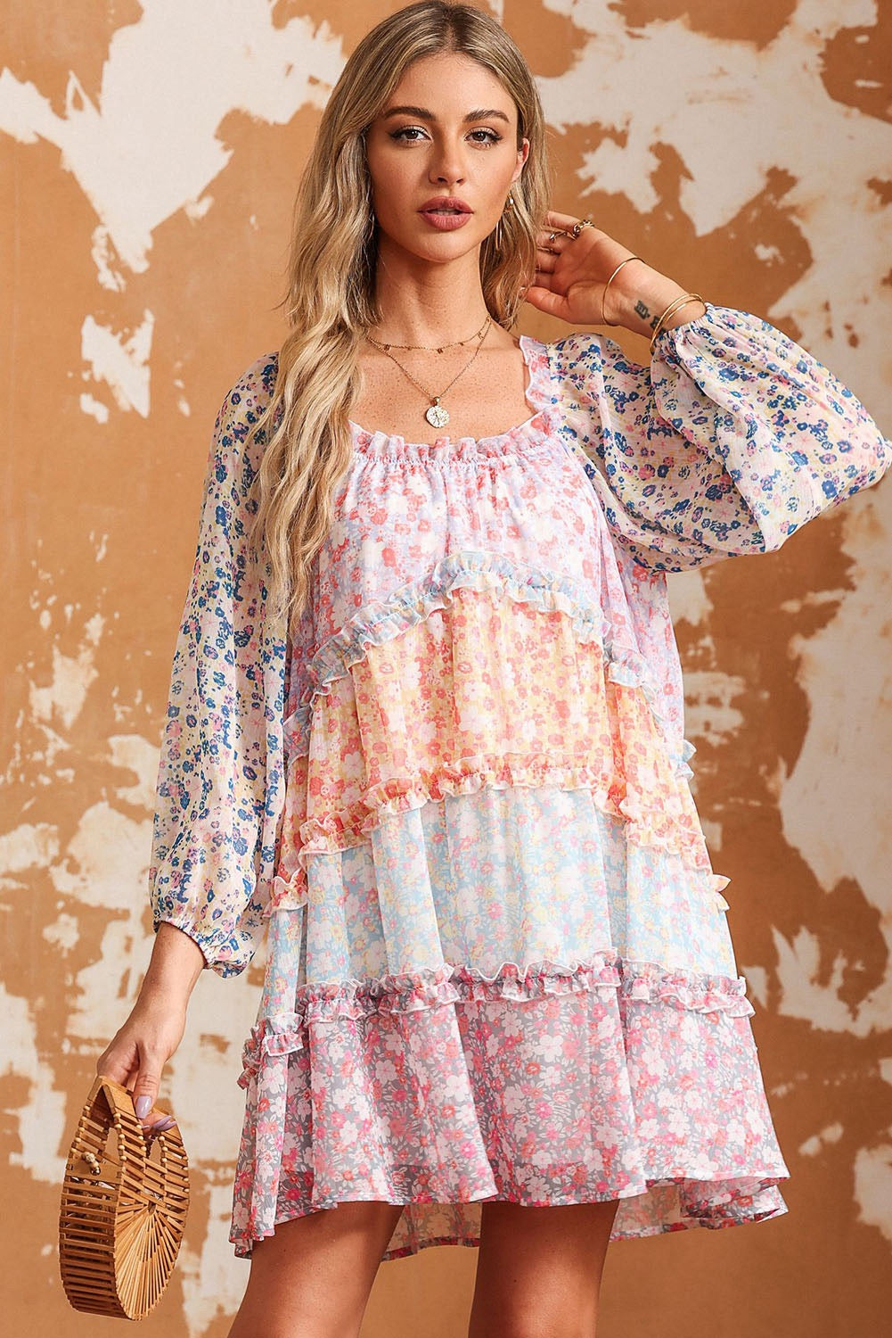 Sky Blue Floral color block Tiered Puff Sleeve Dress