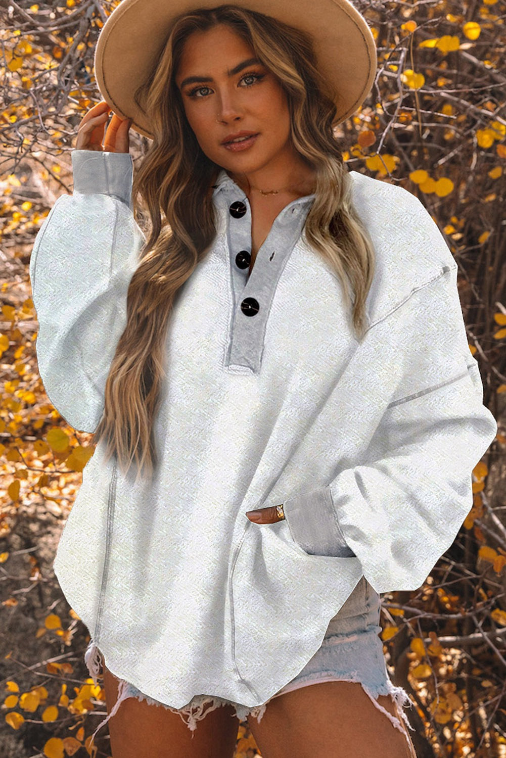 White Textured Side Pockets Buttoned Neckline Sweatshirt