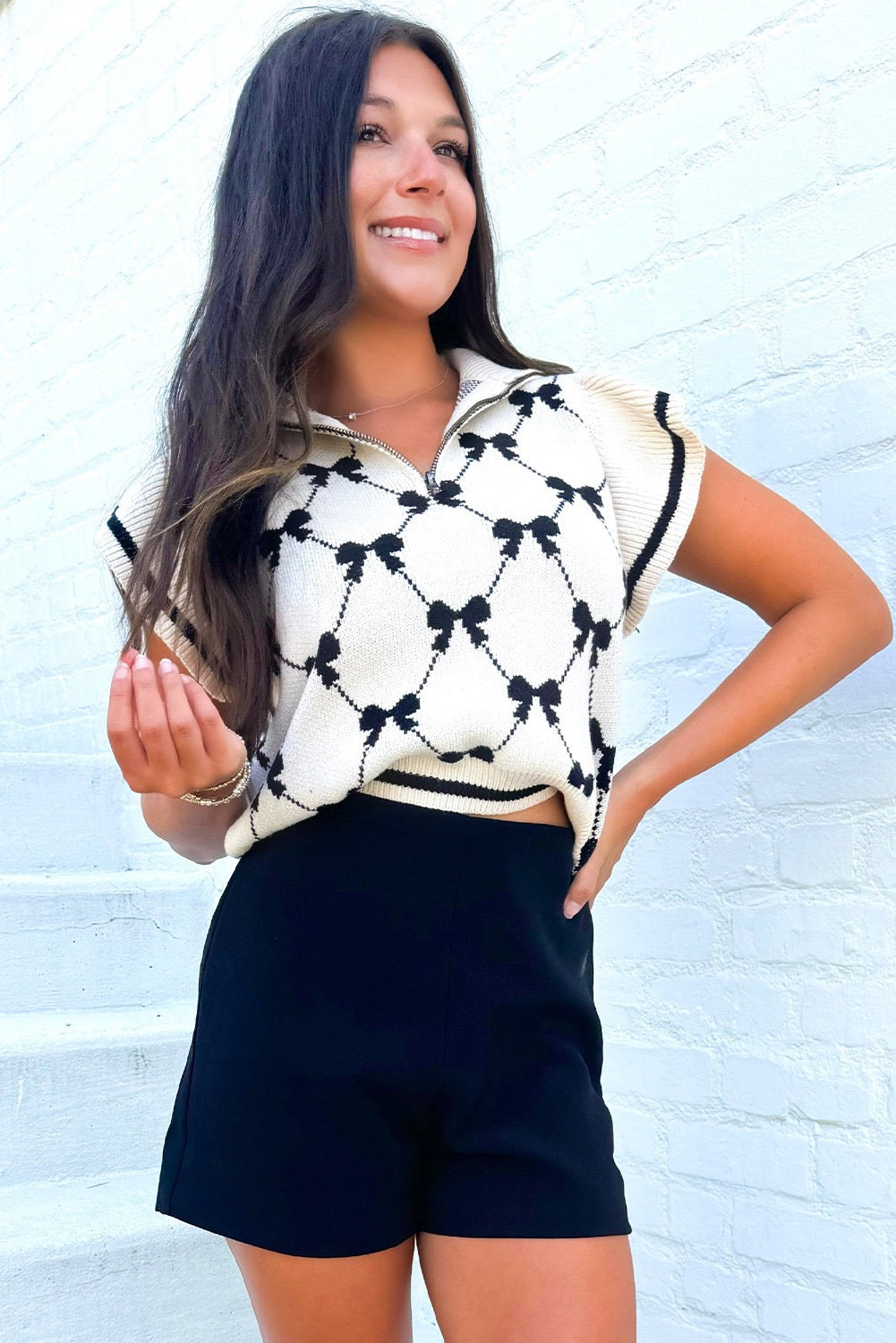 Black preppy vibes bow print zipper short sleeve sweater