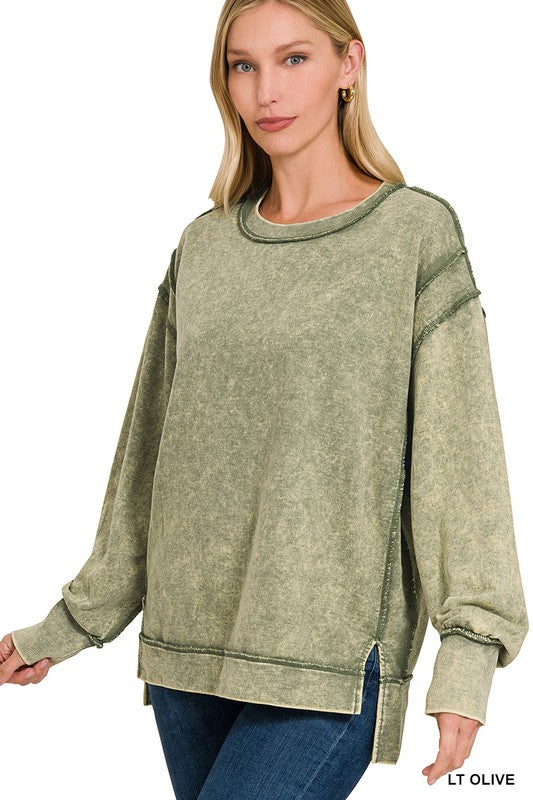 Lt Olive Acid Wash Sweatshirr