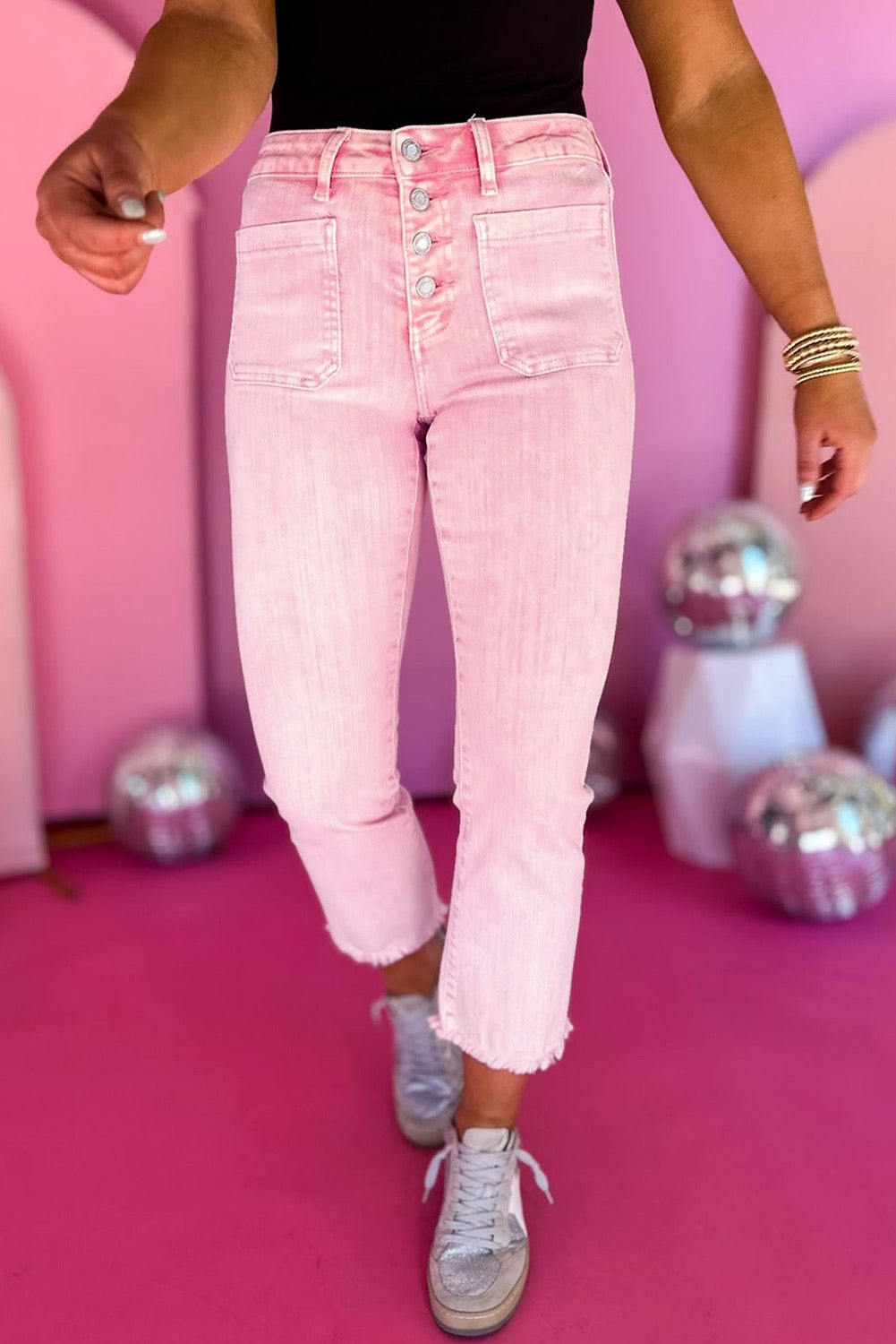 Apricot Pink Multi Buttons RAw edge Crop jeans