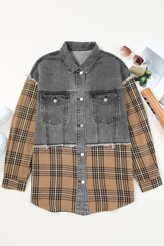 Medium Grey Plaid Patch Distressed Flap Pocket Denim Shacket