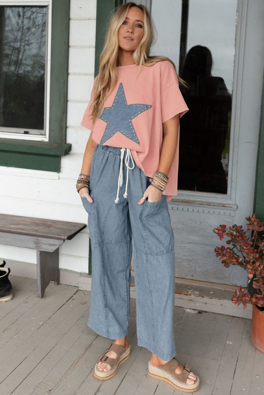 Apricot Pink Mineral Wash Studded Star Patch Graphic High Low Tee