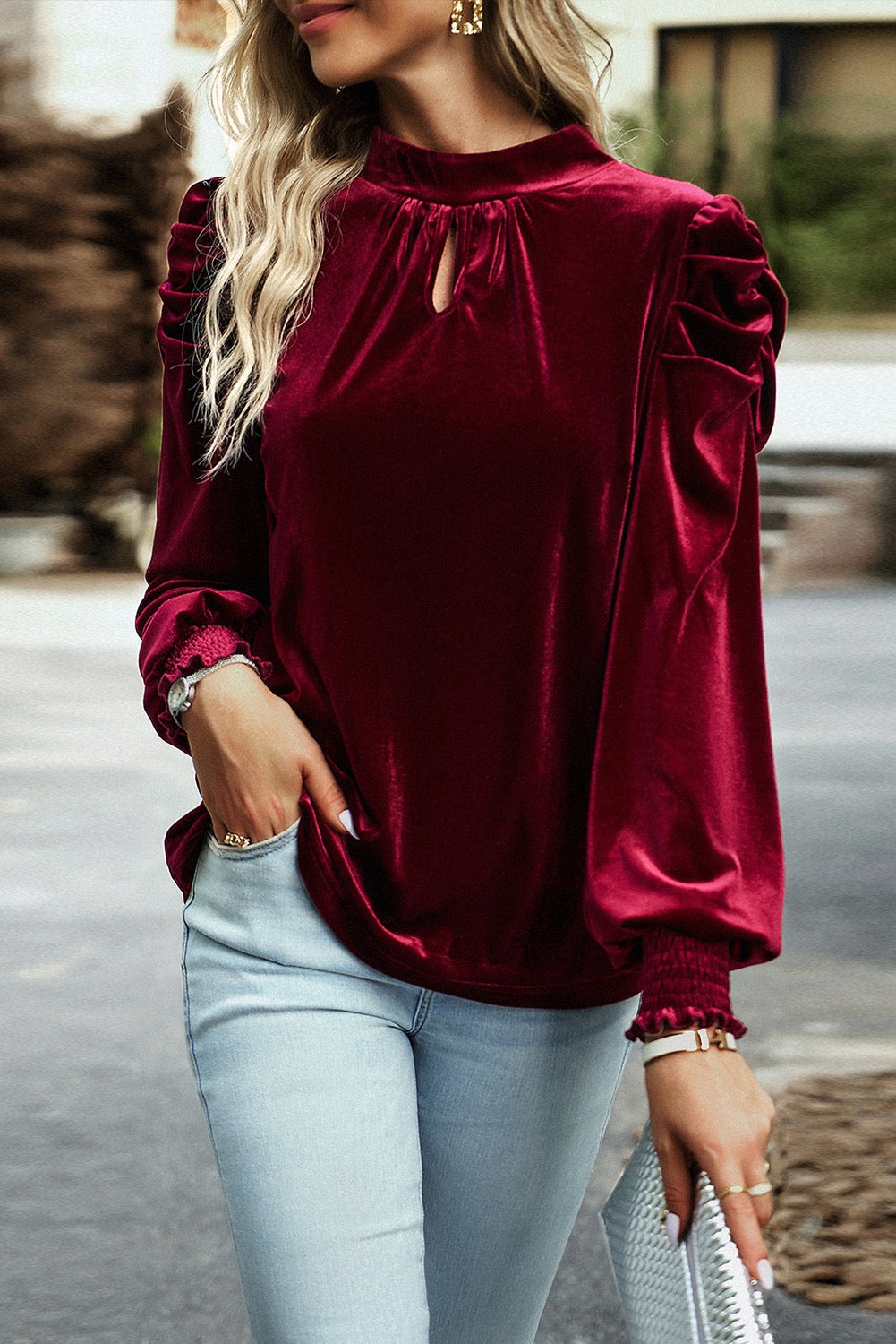 Fiery Red mock neck puff sleeve velvet blouse