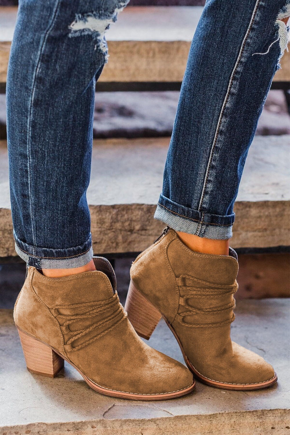 Brown Criss Cross Slip-On Point Toe Heeled Boots