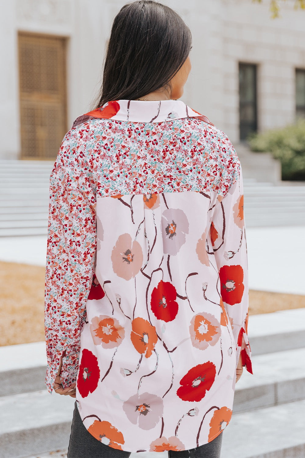 Fiery Red Floral Patchwork Buttoned Shirt with Pocket