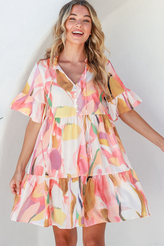 Pink Geometric Print Ruffled Short Sleeve Tied V-Neck Mini Dress