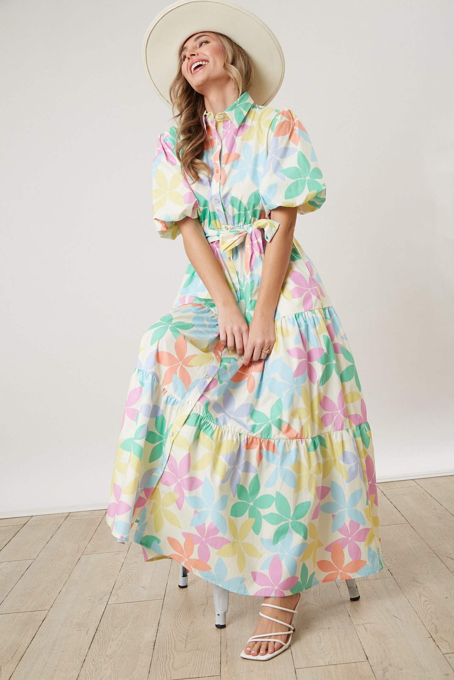 Poplin Floral Print Puff Sleeve Dress