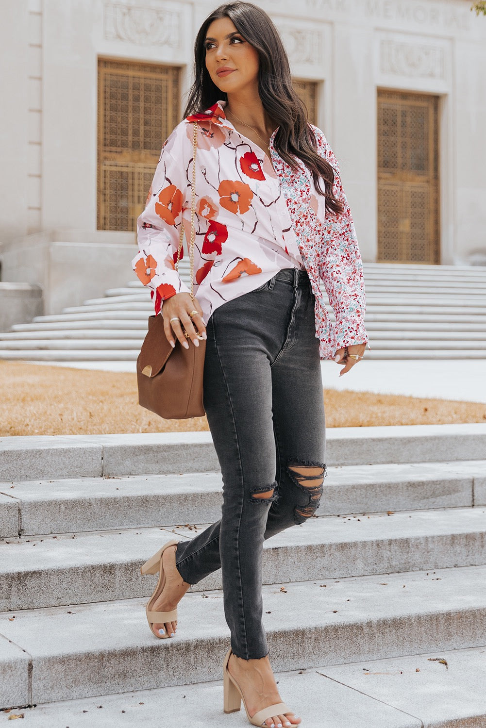 Fiery Red Floral Patchwork Buttoned Shirt with Pocket