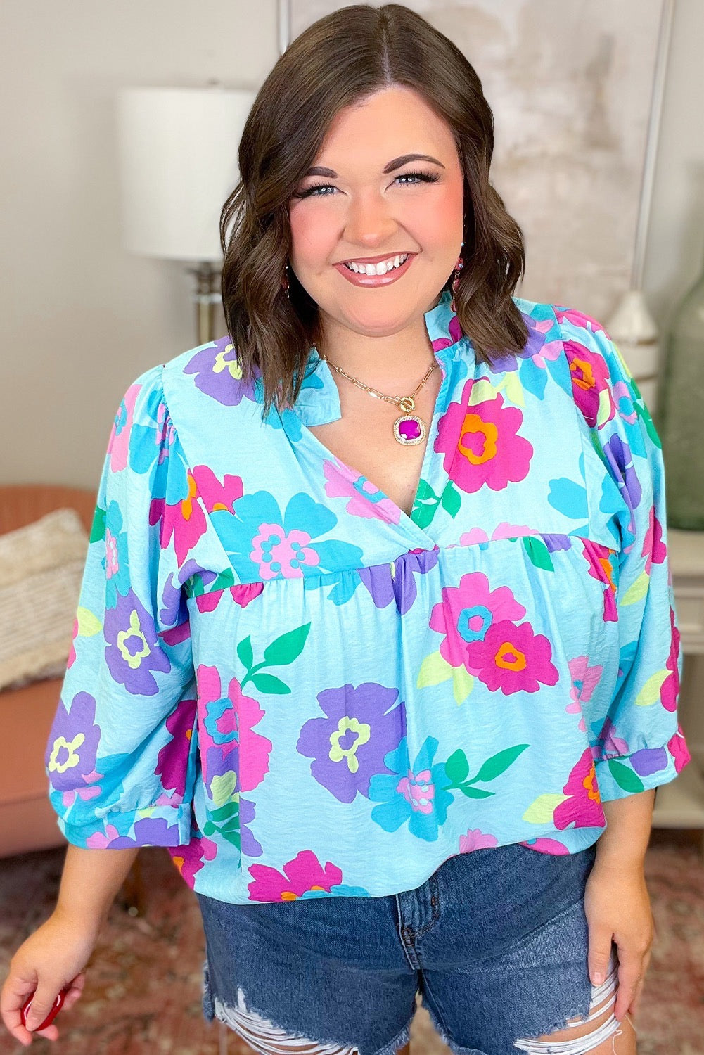 Light Blue Plus Size Floral Print Notched V Neck Babydoll blouse