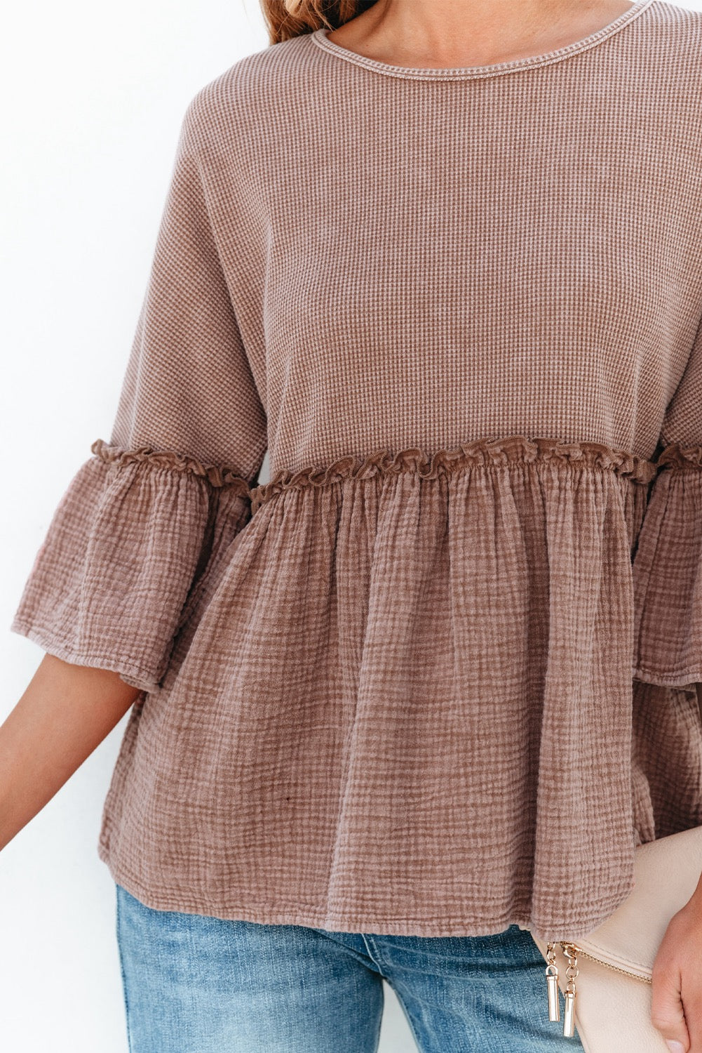 Khaki waffled 3/4 Ruffled Sleeve Textured Peplum Top