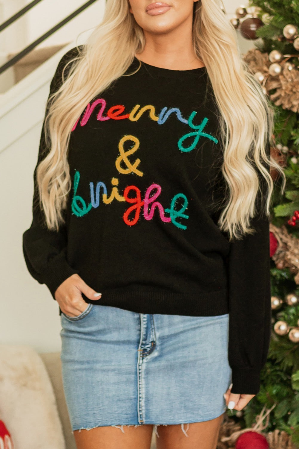 Black colorful Merry & Bright Tinsel sweater