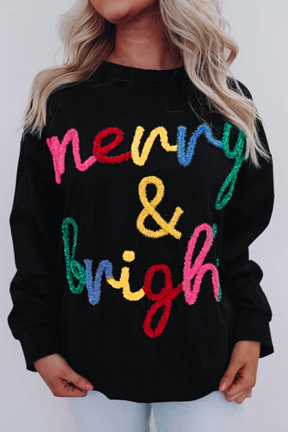 Black colorful Merry & Bright Tinsel sweater