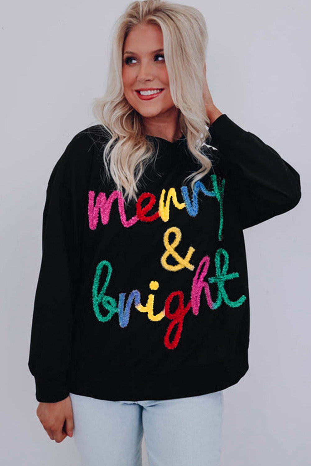 Black colorful Merry & Bright Tinsel sweater