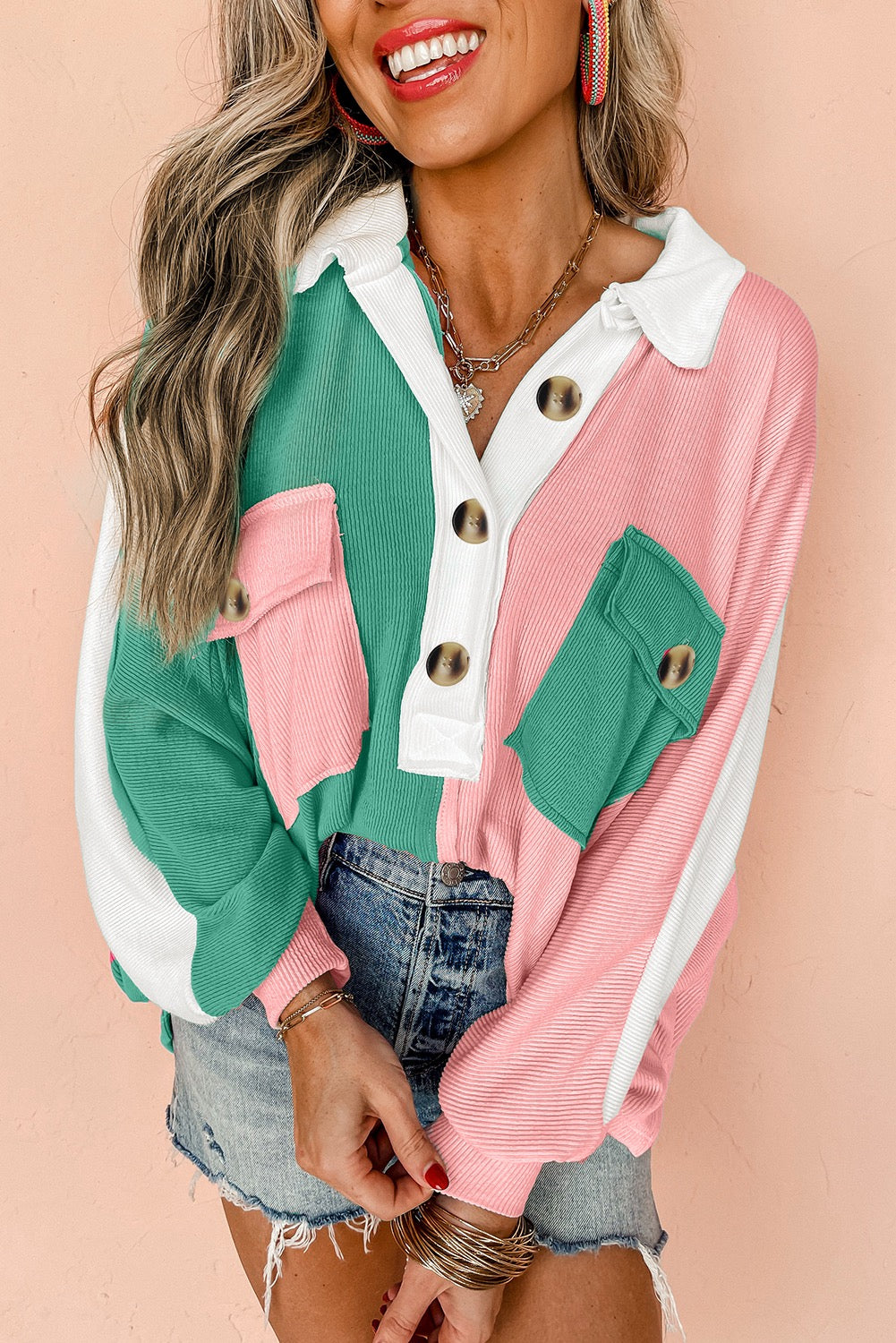 Pink Colorblock Ribbed Collared oversized sweatshirt