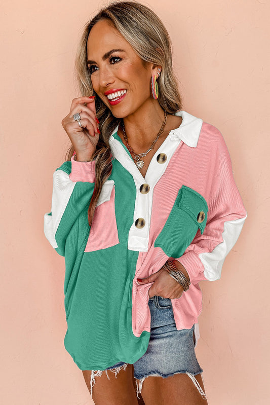 Pink Colorblock Ribbed Collared oversized sweatshirt