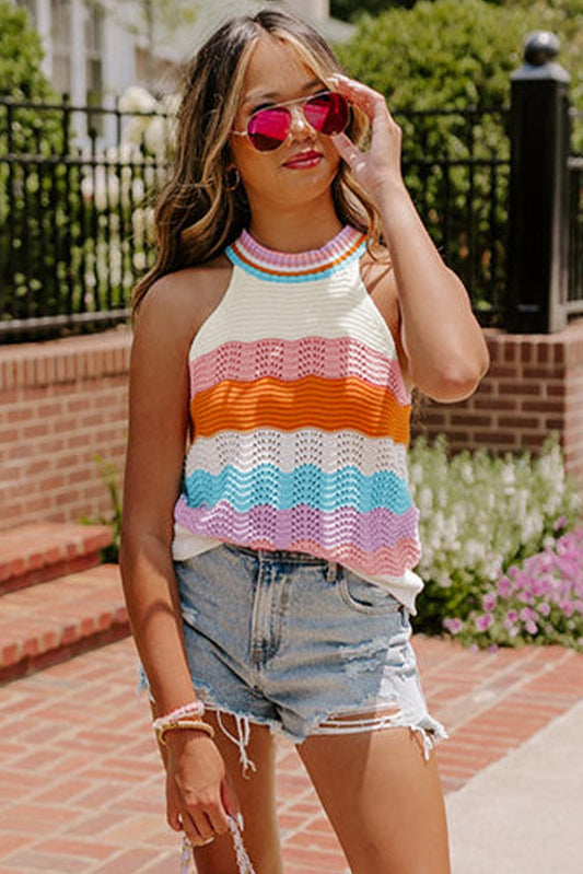 Multicolor Wavy Striped Print Textured Knit Sleeveless Sweater Top