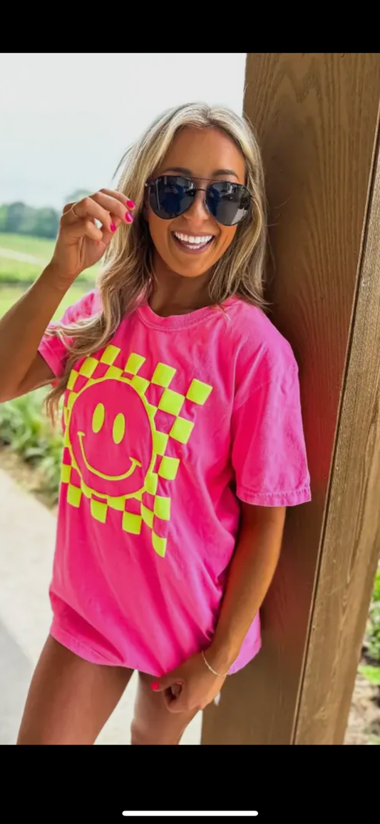 Neon pink checkered smiley Puff graphic Tee