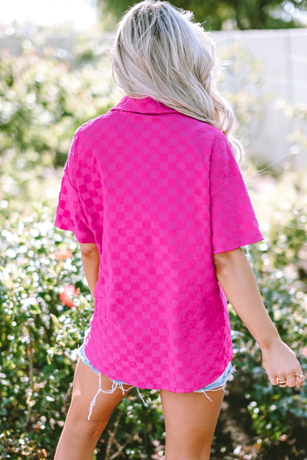 Bright Pink Lapel Neck Checkered Textured Short Sleeve Short