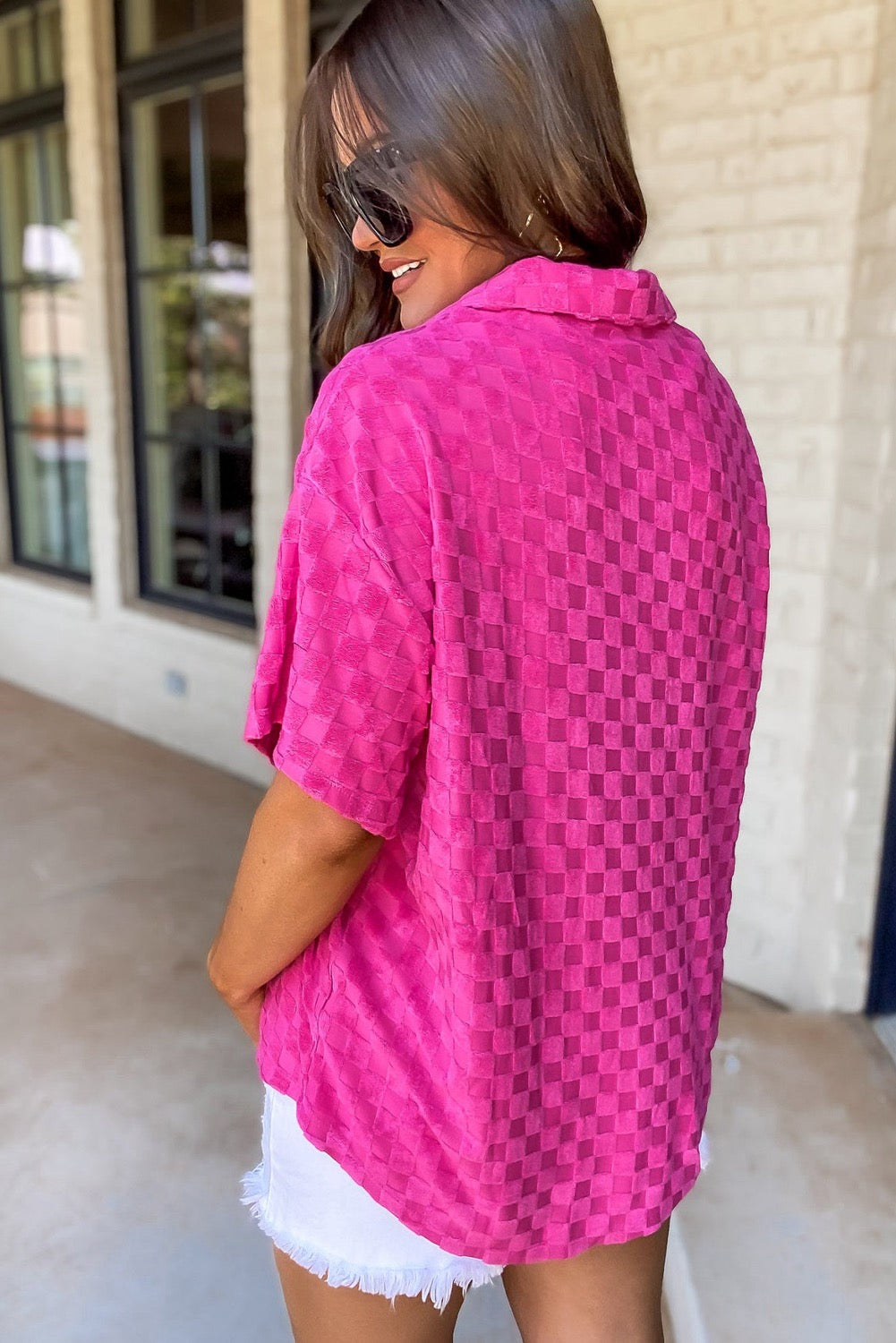 Bright Pink Lapel Neck Checkered Textured Short Sleeve Short