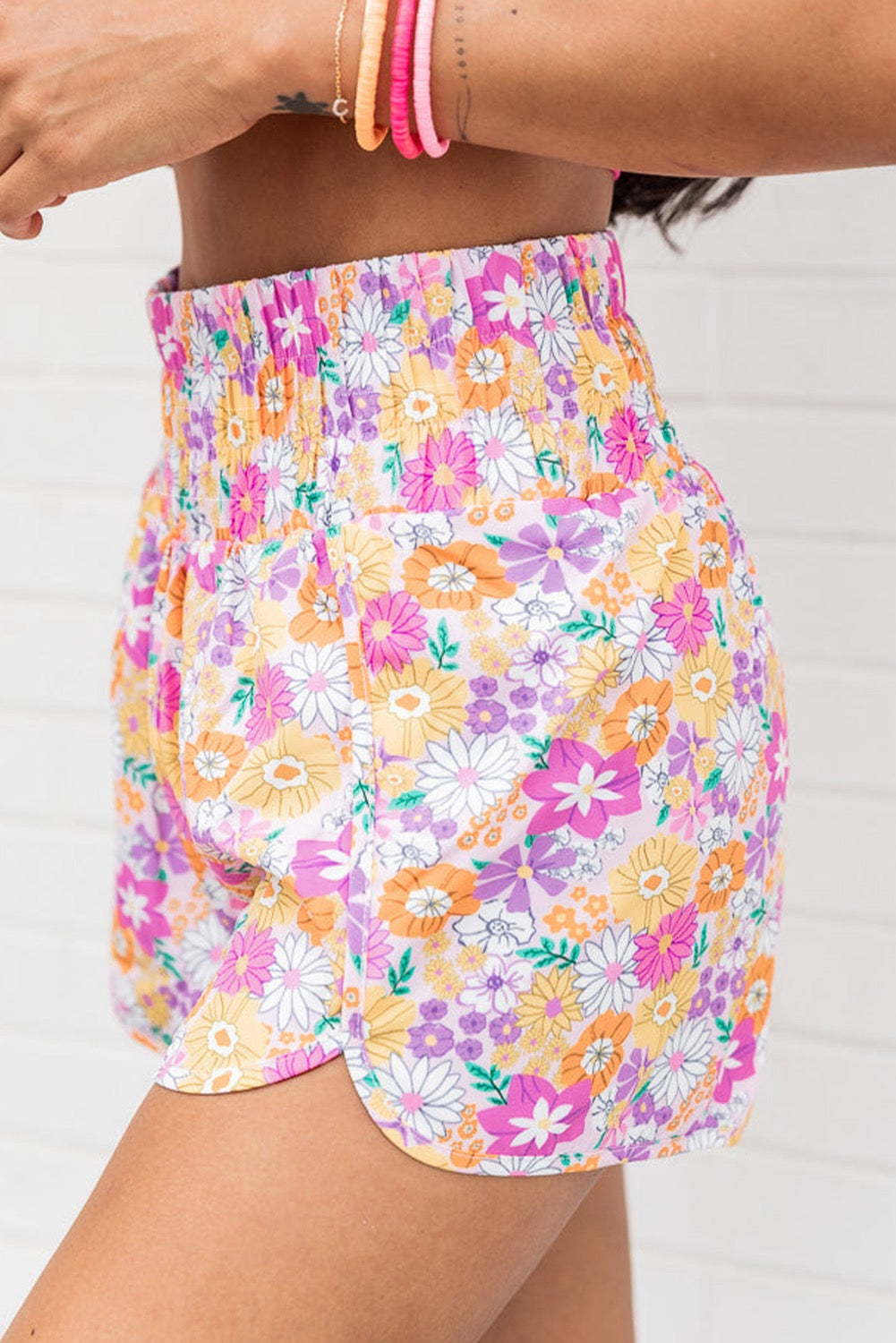 Pink boho floral Shirred High Waist casual shorts