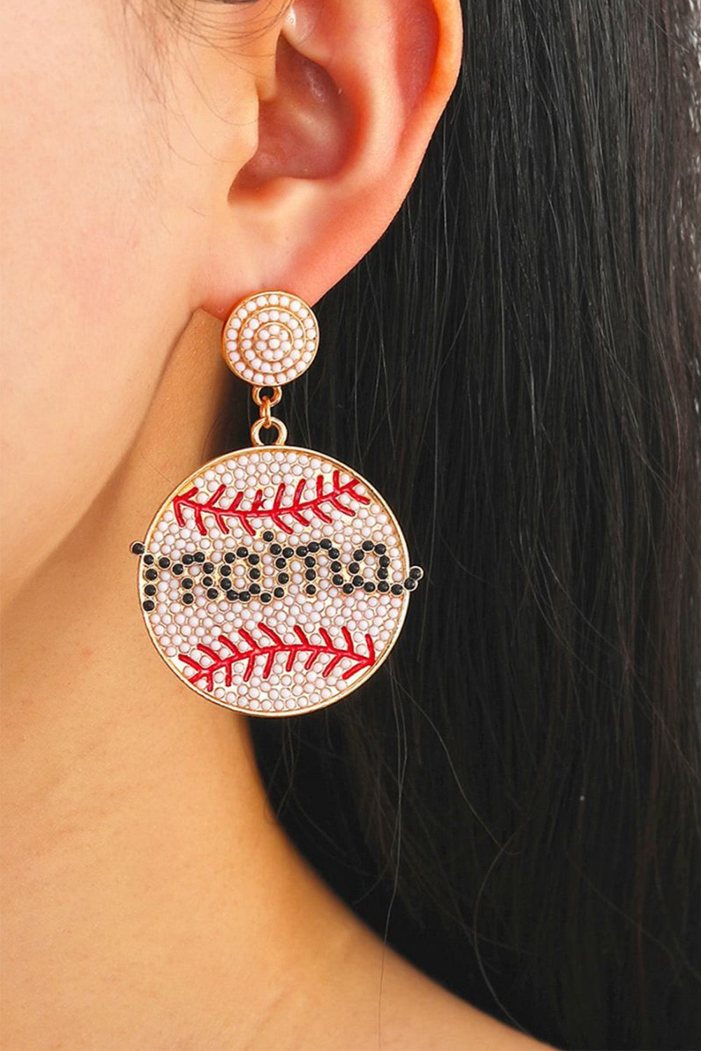 White Crystal mama beaded baseball shape earrings