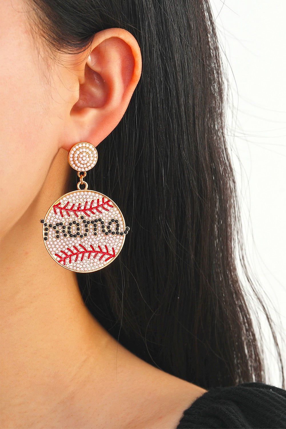 White Crystal mama beaded baseball shape earrings