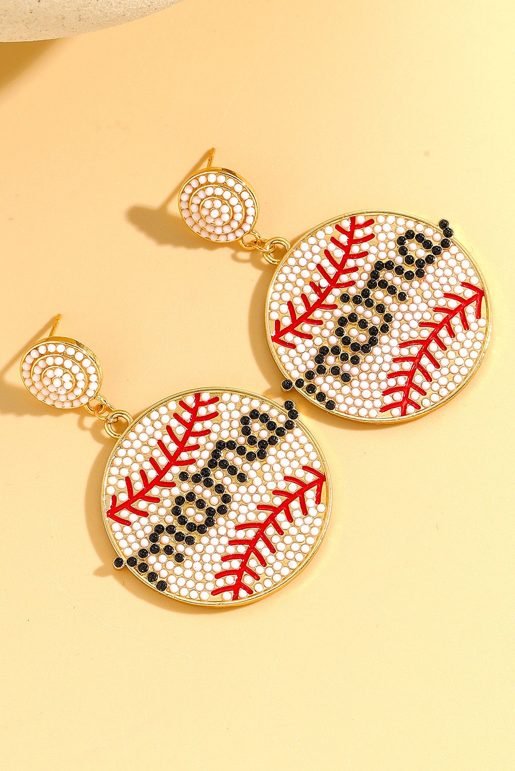 White Crystal mama beaded baseball shape earrings