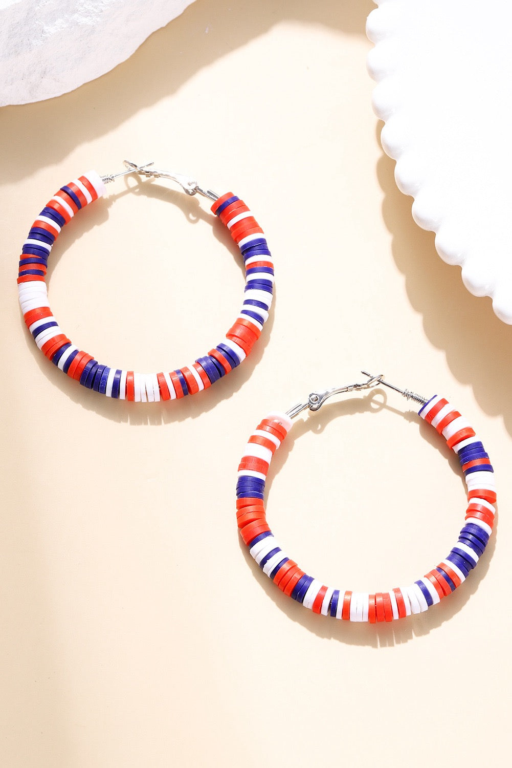 Fiery Red Patriotic Multicolored bead hoop earrings