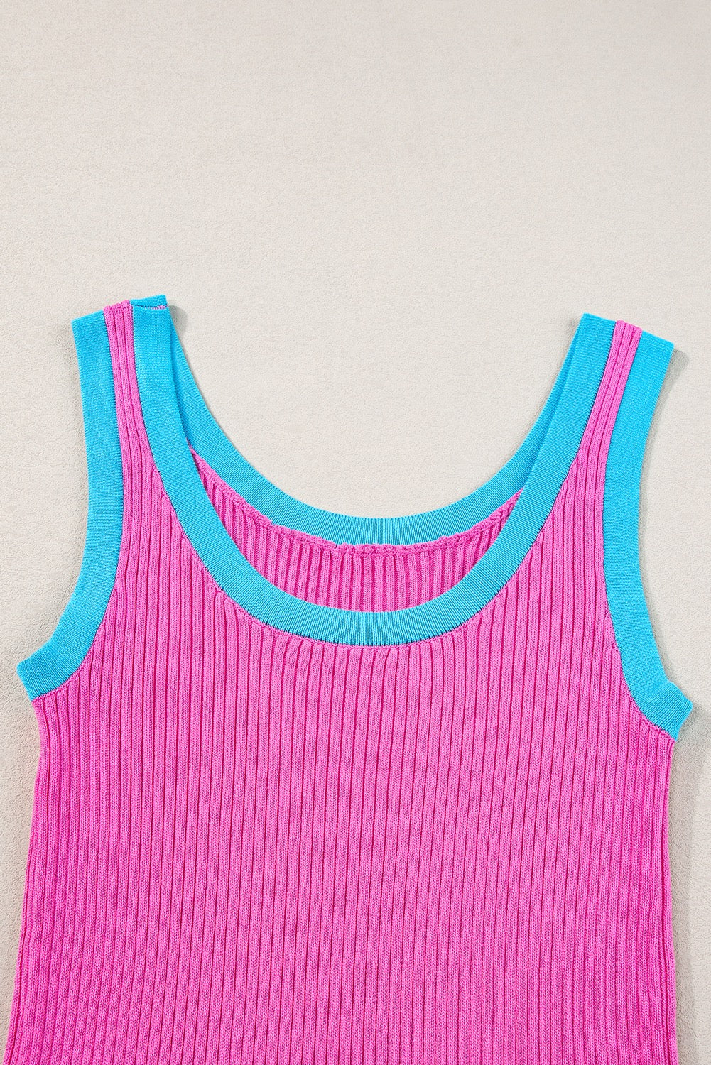 Bright pink Colorblock Edge Ribbed Knit U Neck Tank Top