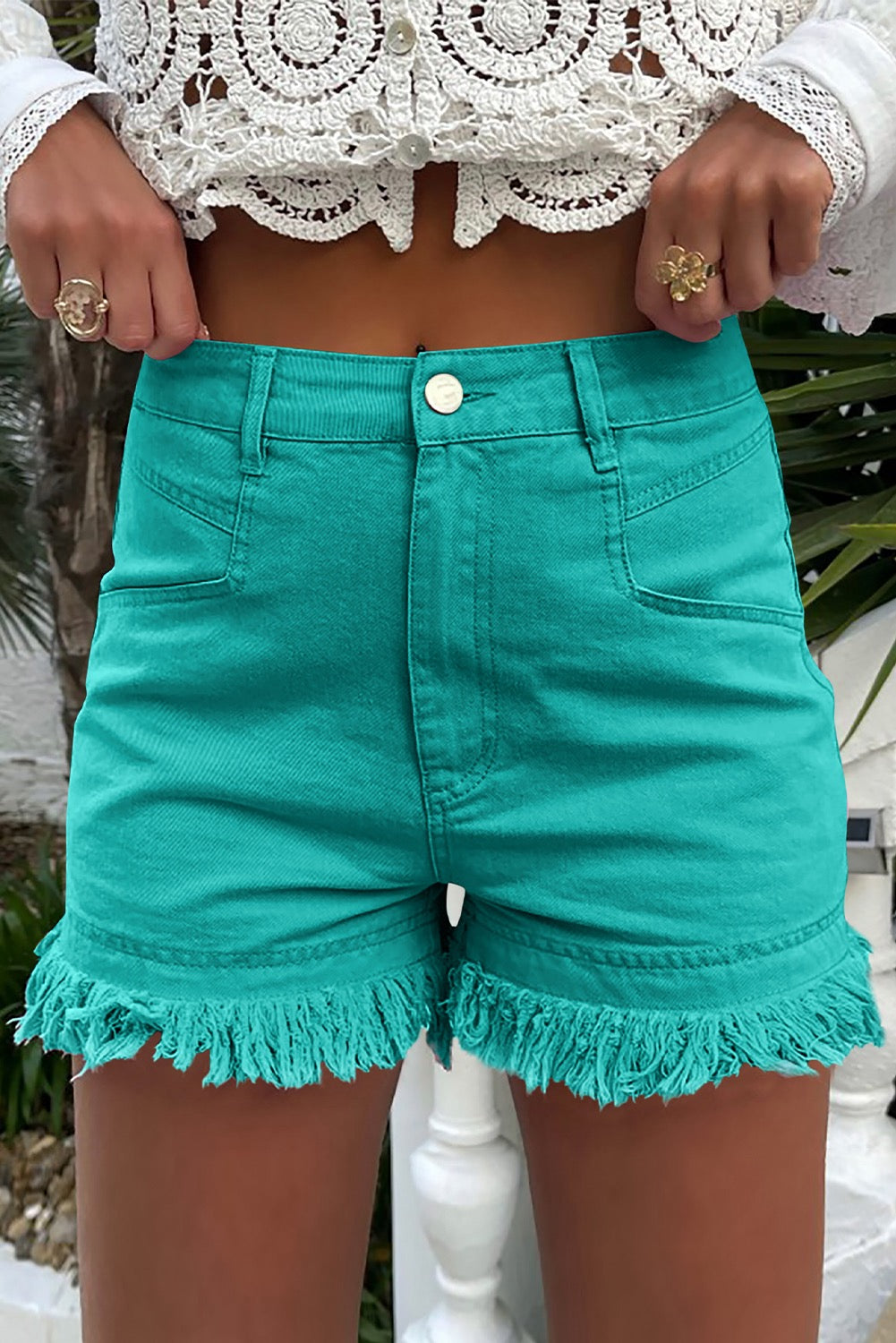 Turquoise Frayed Edge Mid Rise Denim Shorts