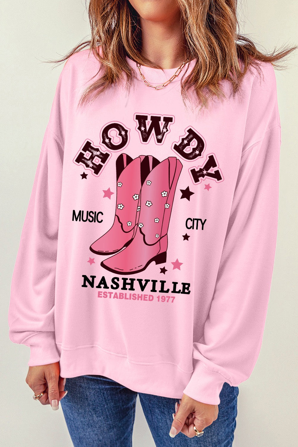 Pink HOWDY NASHVILLE Vintage Western Graphic Sweatshirt