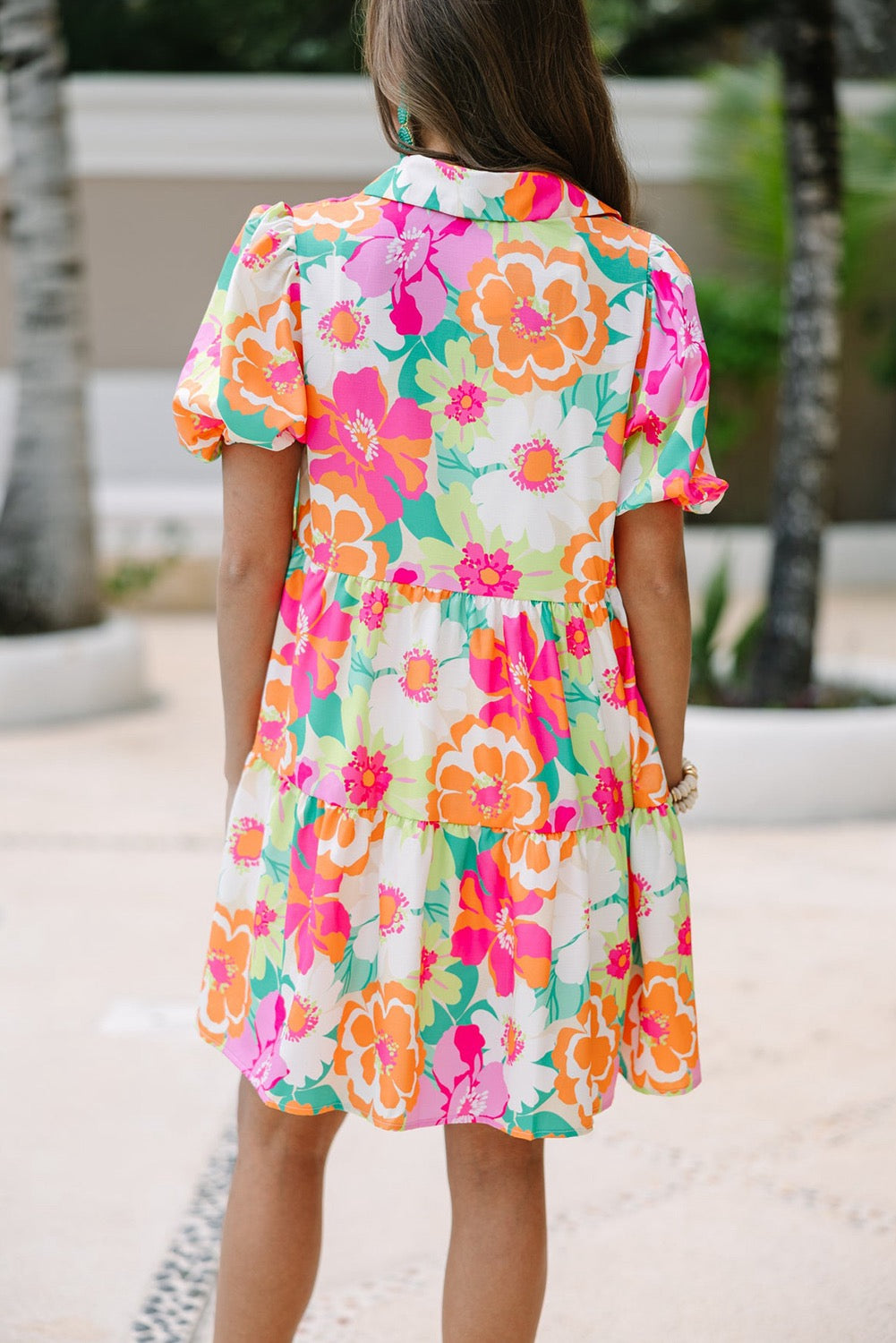 Pink Floral Puff Sleeve Collar Buttoned Babydoll dress